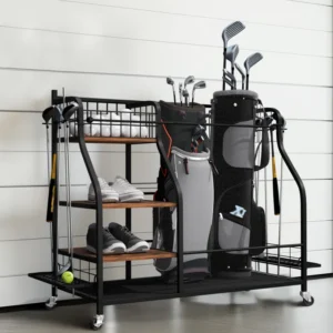 Golf Bag Storage Stand Multifunctional Metal Golf Bags Organizer Rack With Shelves Rolling Multi-Use Sports Equipment Shelves